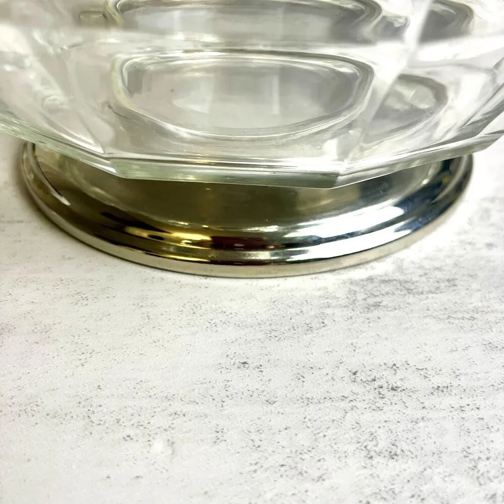 Vintage Mid-Century Modern Italian Crystal Paneled Bowl Silver Plated Base